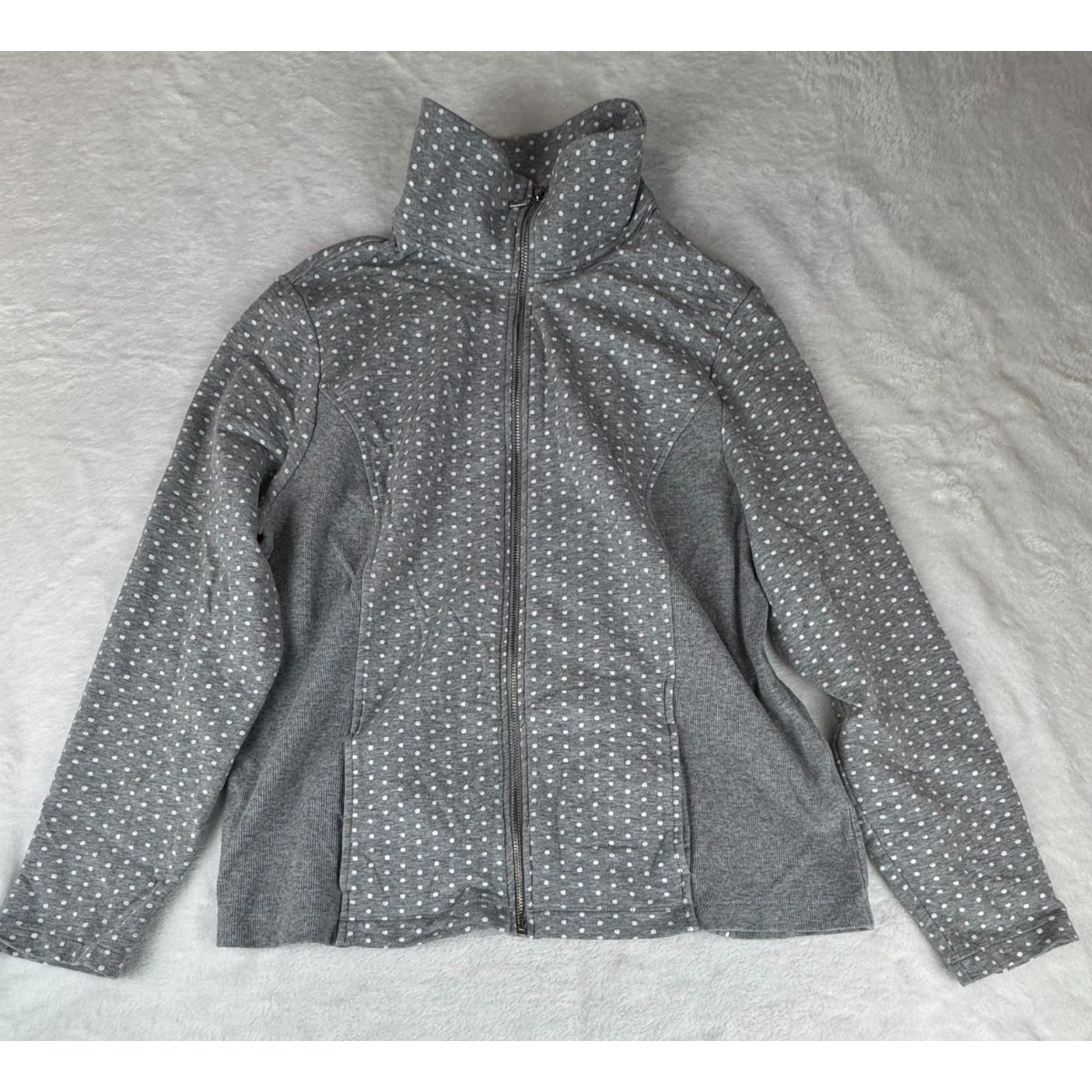 Energy By Chicos Basic Jacket Women's 2 Gray White Polka Dot Ribbed Zip Front